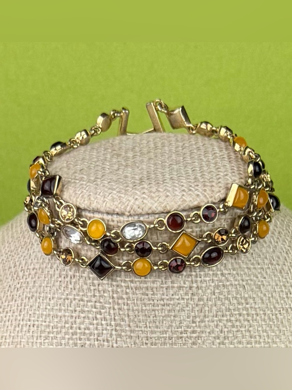 Autumn Harvest Cabochon 3 Strand Multi Stone Gold Tone Bracelet Amber Garnet